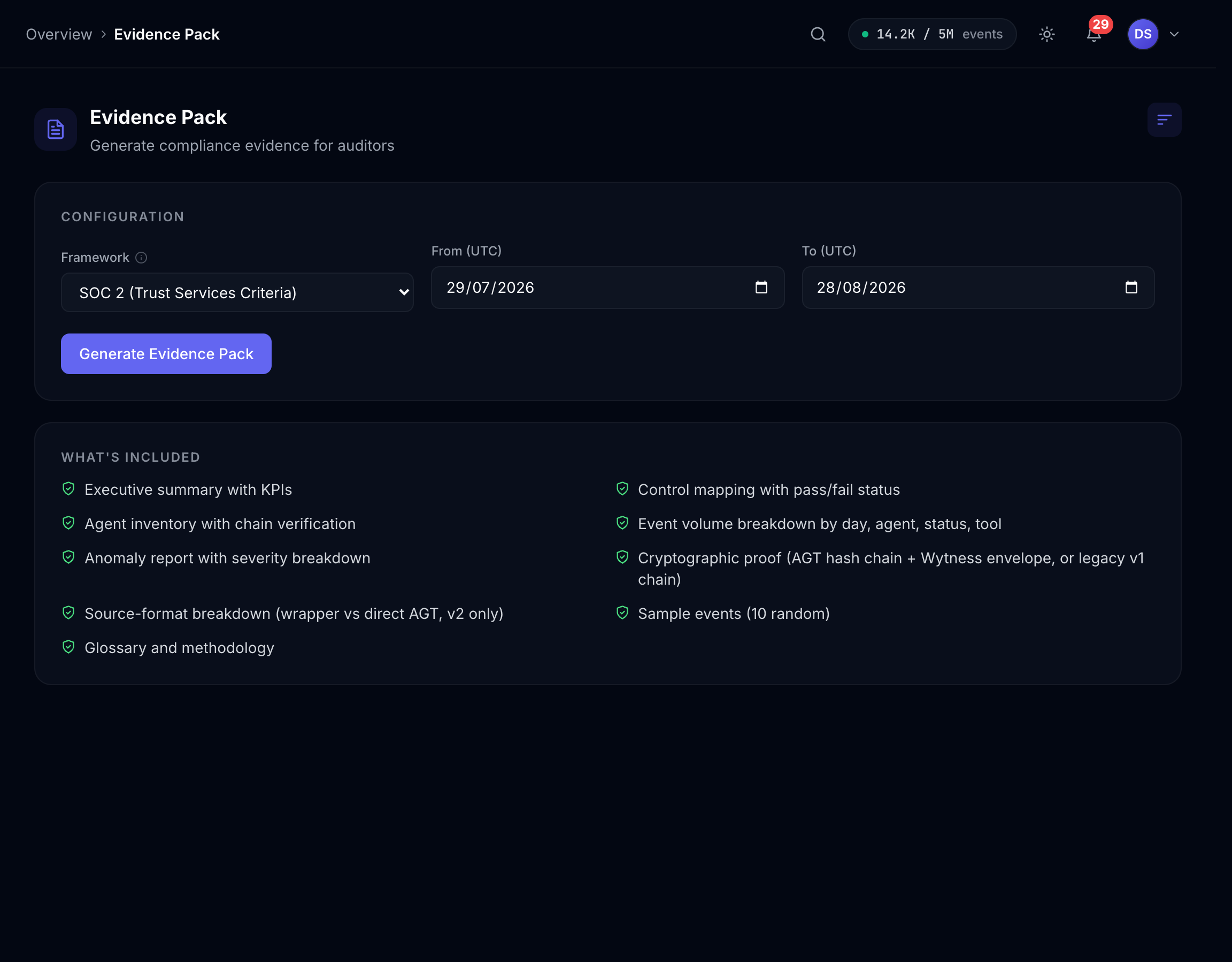 Evidence Pack: framework mapping, sampled events and chain attestation